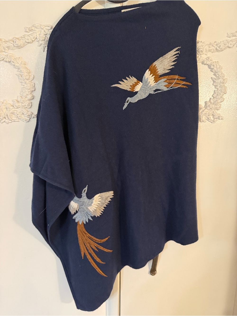 La Fiorentina Navy Blue Embroidered Crane Poncho